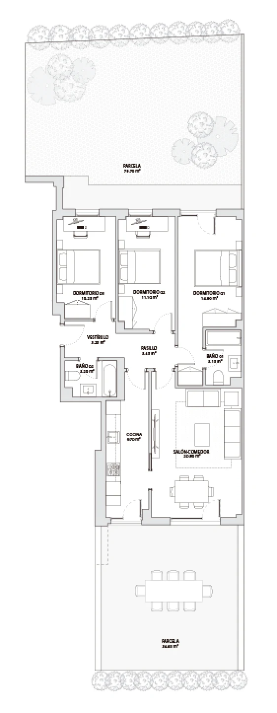 Plano de TIPOLOGÍA 3 HABITACIONES PLANTA BAJA CENTRAL.