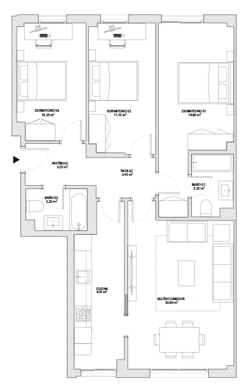 Plano de TIPOLOGÍA 3 HABITACIONES PRIMERA PLANTA CENTRAL.